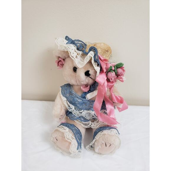 JL) VINTAGE VICTORIAN JOINTED ARM LEG STUFFED TEDDY BEAR LACE DRESS HAT LACE 10" - Picture 1 of 6